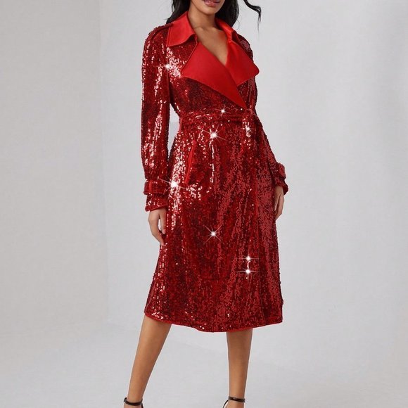 Red Preppy Womens Waterfall Collar Sequin Trench Coat - Picture 4 of 5